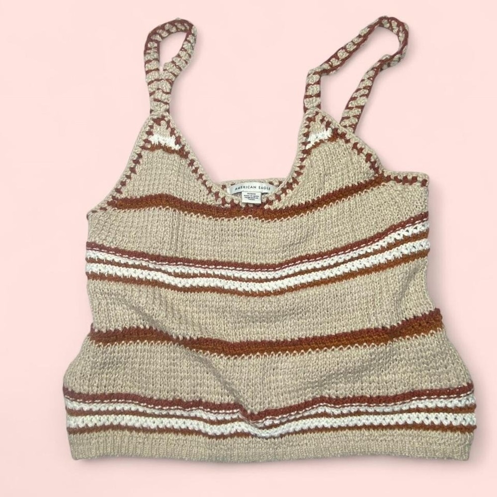 American Eagle Cream and brown striped crochet tank top